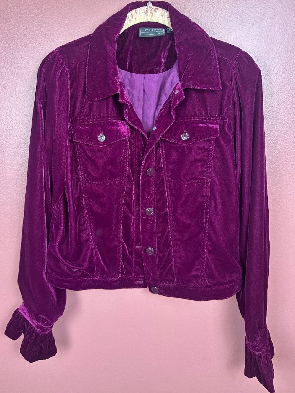 G by Giuliana Black Label Puff-Sleeve Velvet Jacket Size XS Burgundy Button-Up - Picture 2 of 8